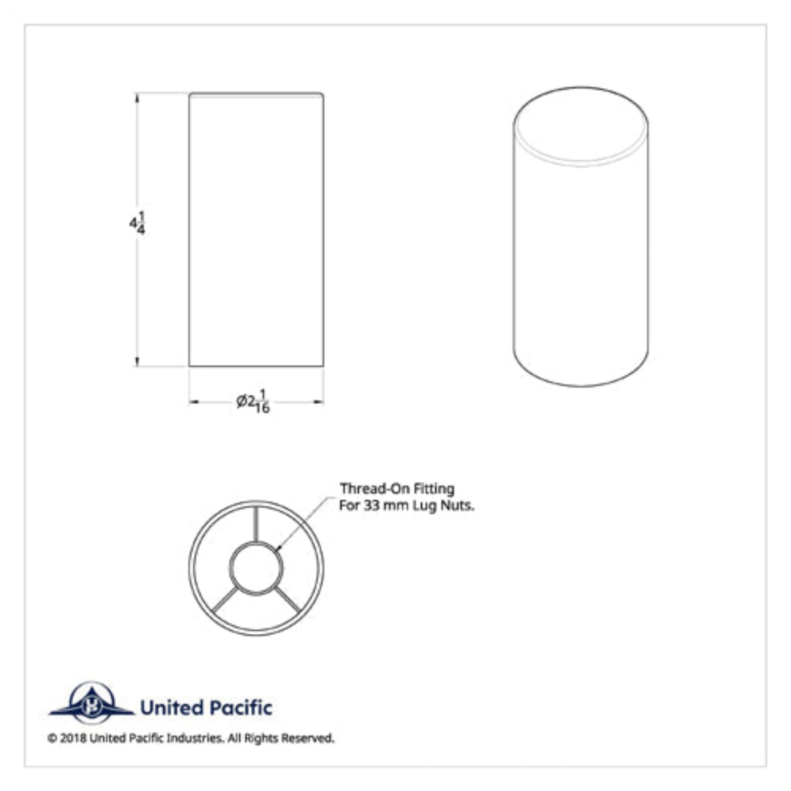 United Pacific - Chrome Plastic Tall Cylinder Thread-On Lug Nut Cover (33 mm Base) - The New Vernon Truck Wash