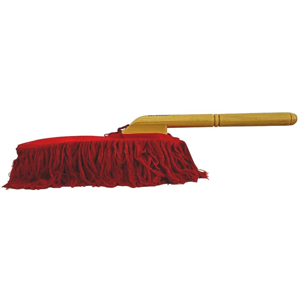 Original California Car Duster with natural wood handle and red cotton mop head on white background – classic car detailing tool