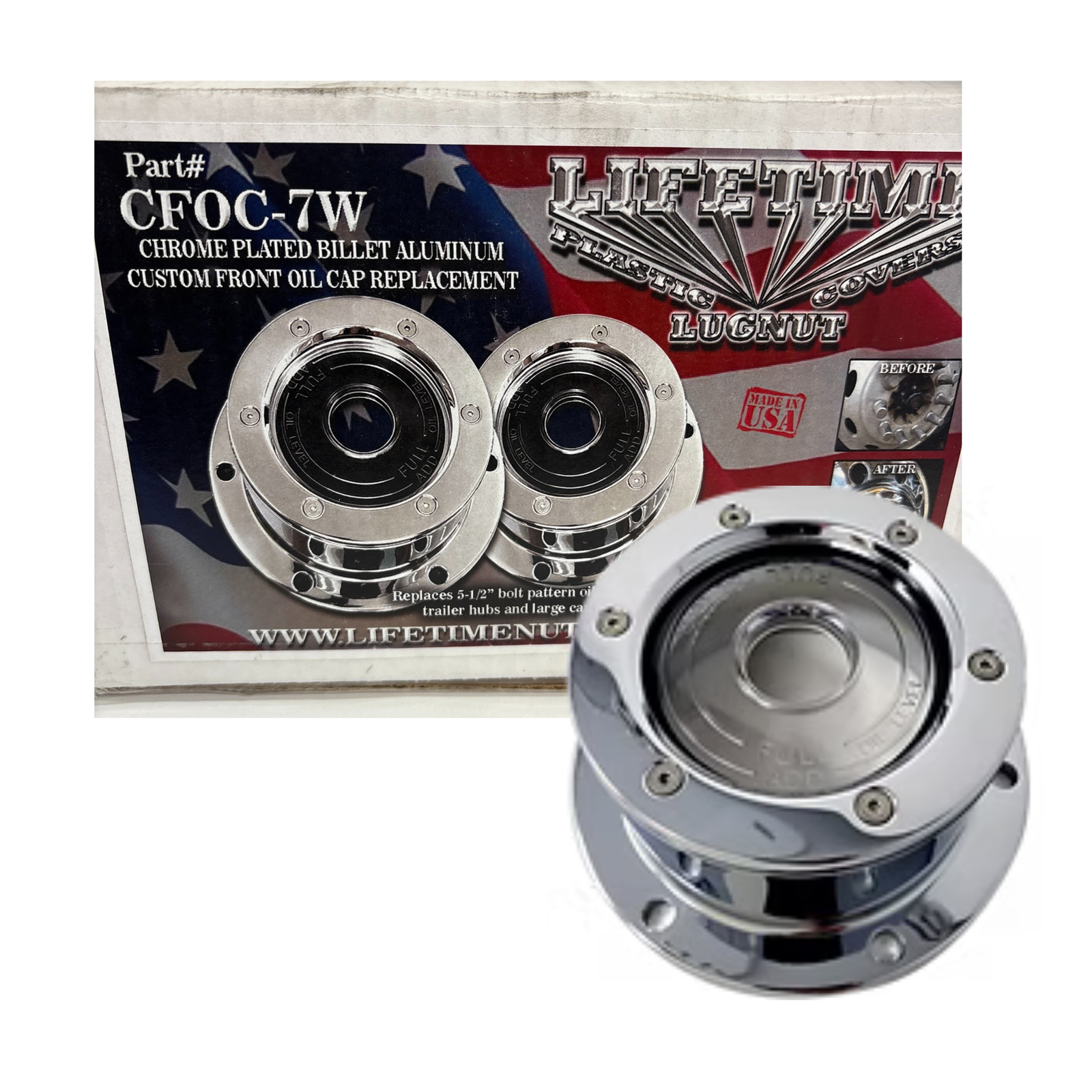 Front Oil Cap Cover with Sight Window 5.5 Inch Bolt Pattern | Chrome Plated Billet Aluminum | Lifetime Nut Covers