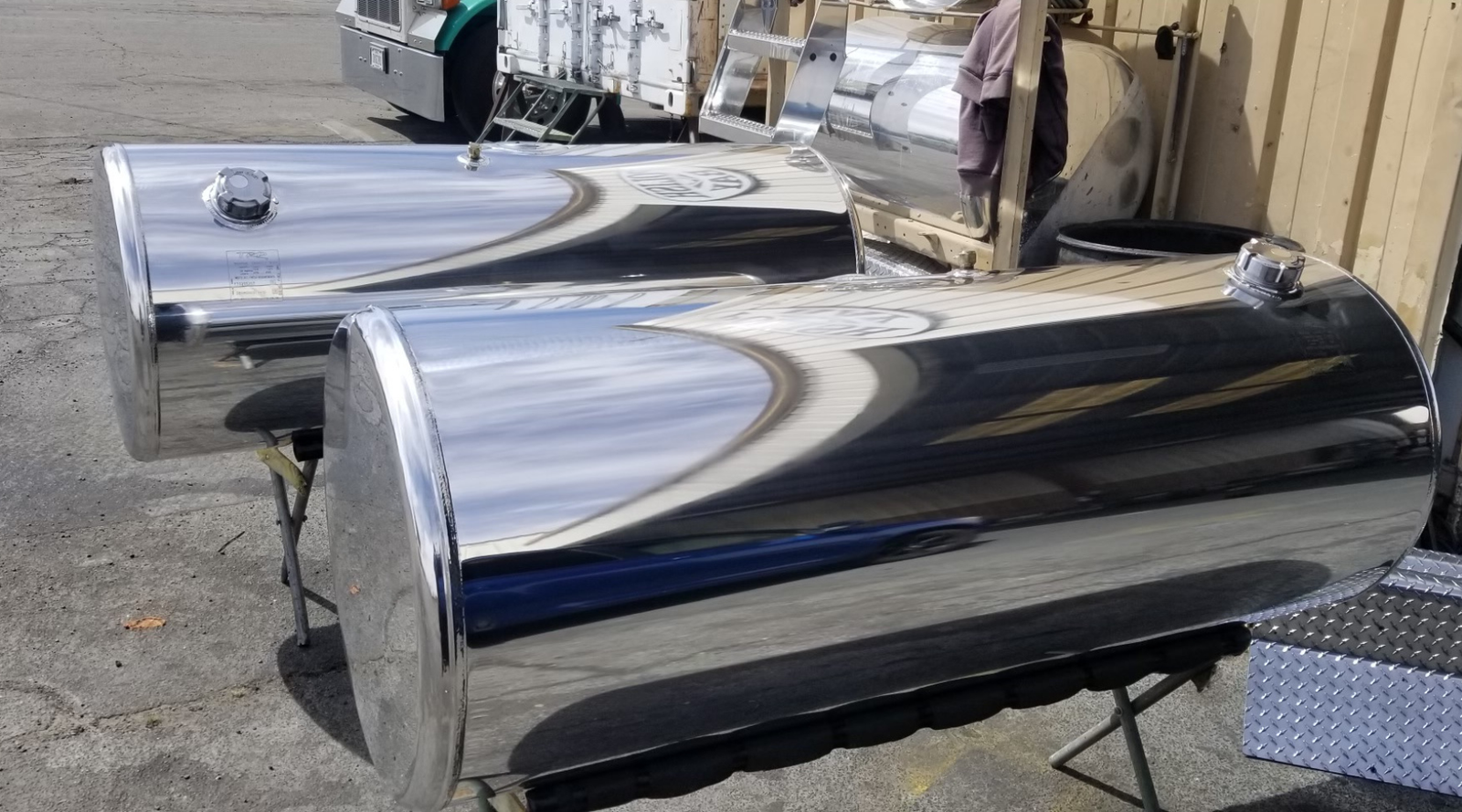 Polished chrome fuel tank at The New Vernon Truck Wash Polish Bay