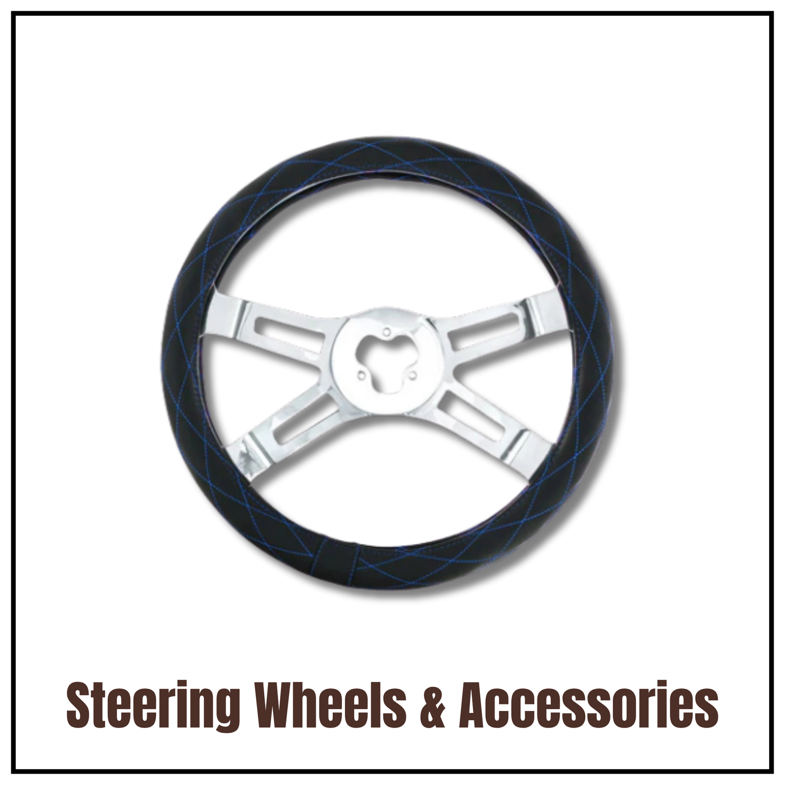 Steering wheels and accessories for semi trucks including steering wheel covers, horn buttons, hub adapters, steering wheel spinners, and installation accessories.