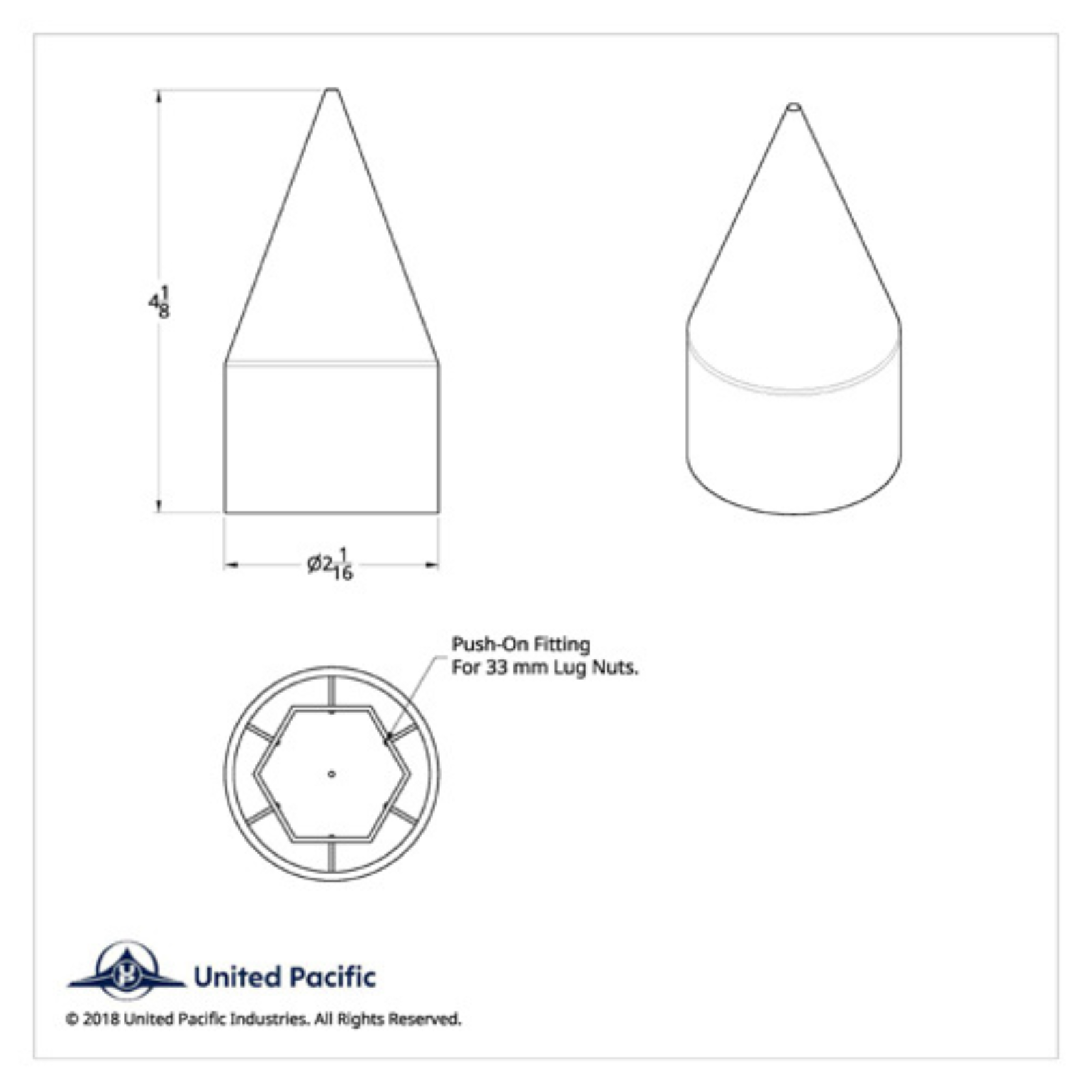 Chrome Plastic Spike Nut Cover | 33mm x 4-1/8" | Thread-On | United Pacific
