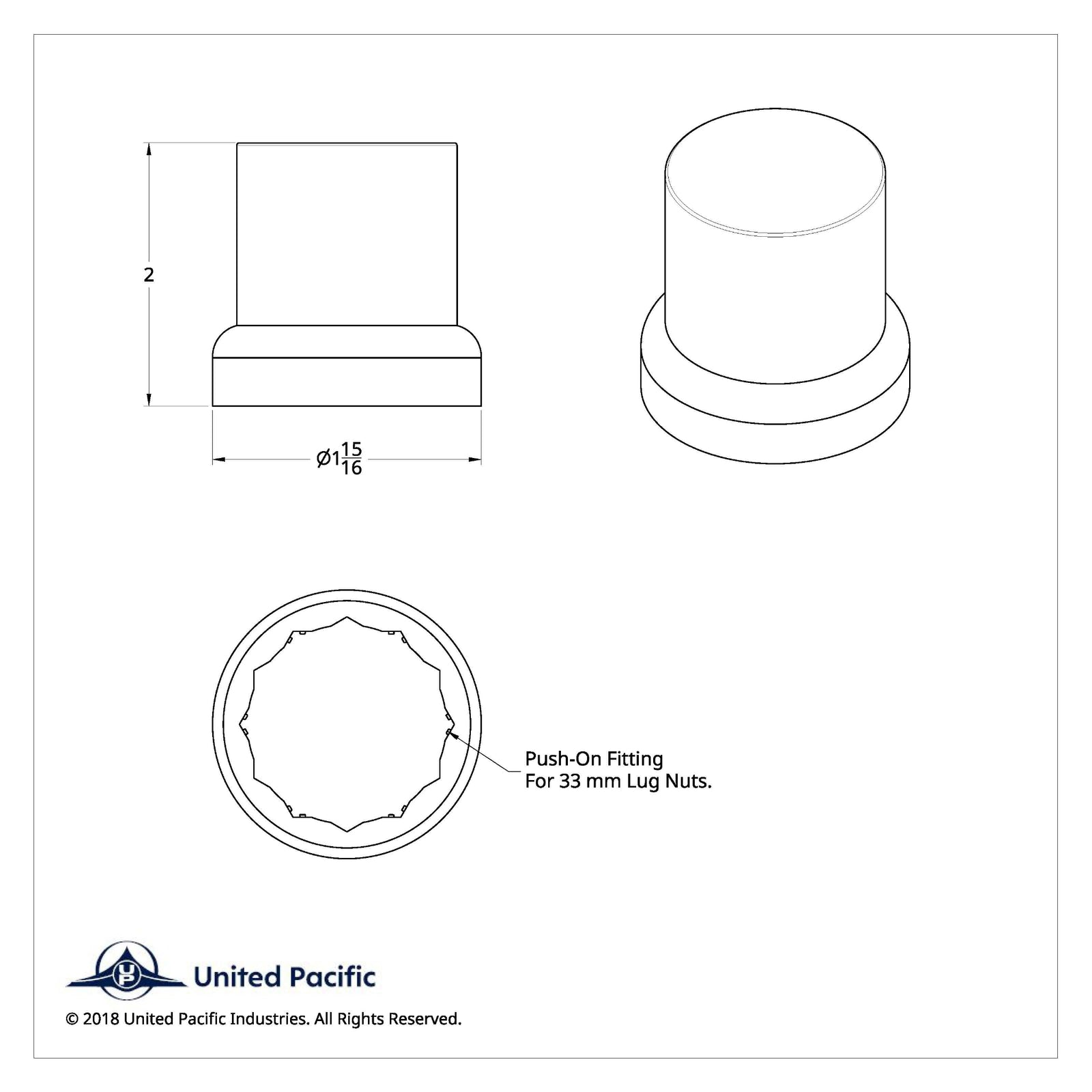 2-1/4 Inch Chrome Push-On Lug Nut Cover Flat Top | 33 mm Base | United Pacific