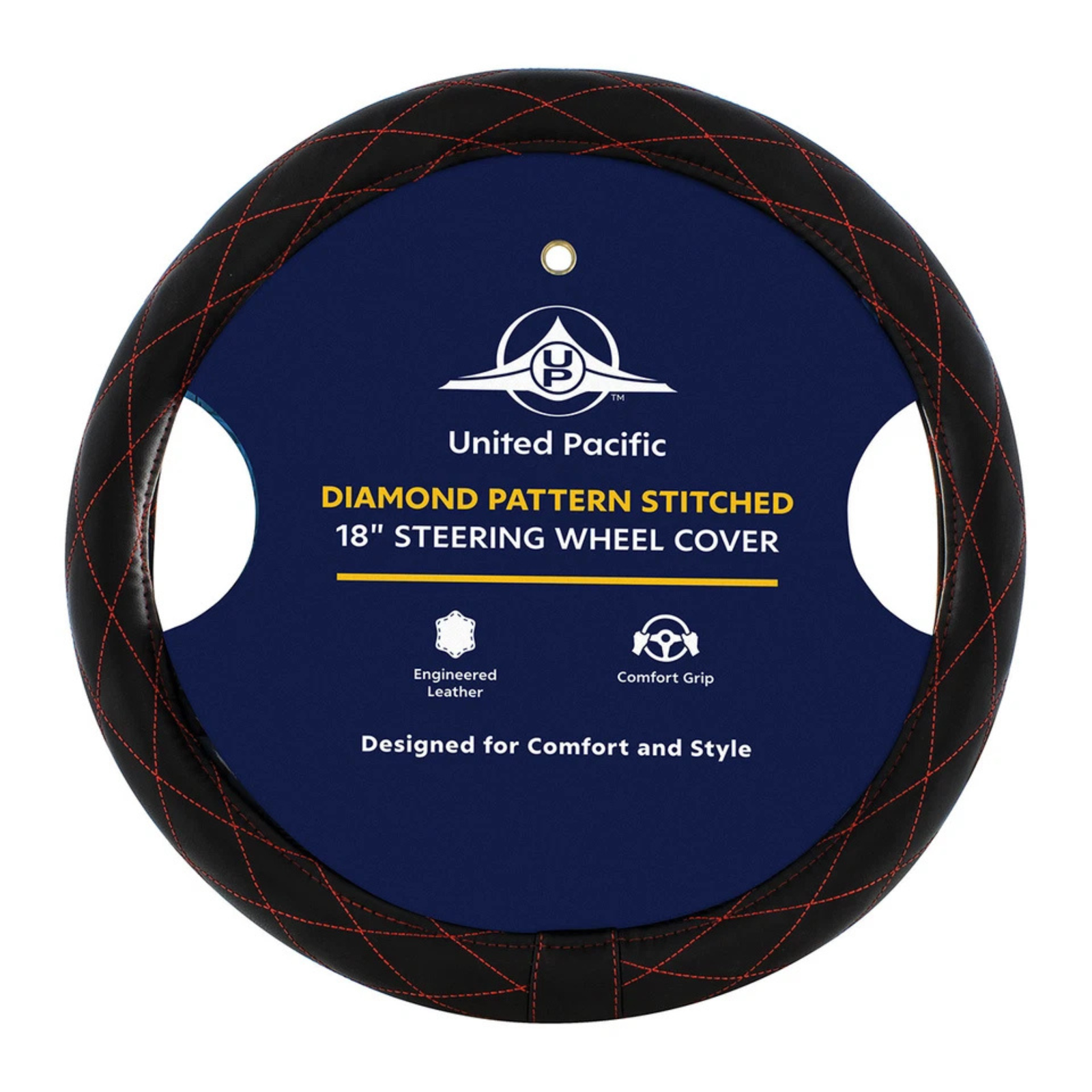 18 Inch Crystal Stitched Leather Steering Wheel Cover | Red Stitching | United Pacific