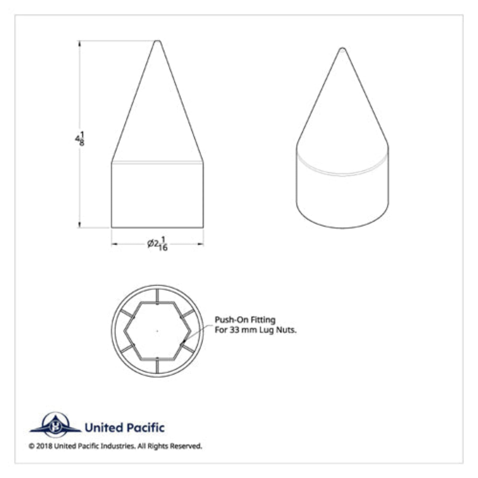 4-1/8 Inch Chrome Spike Push-On Lug Nut Cover | 33 mm Base | United Pacific