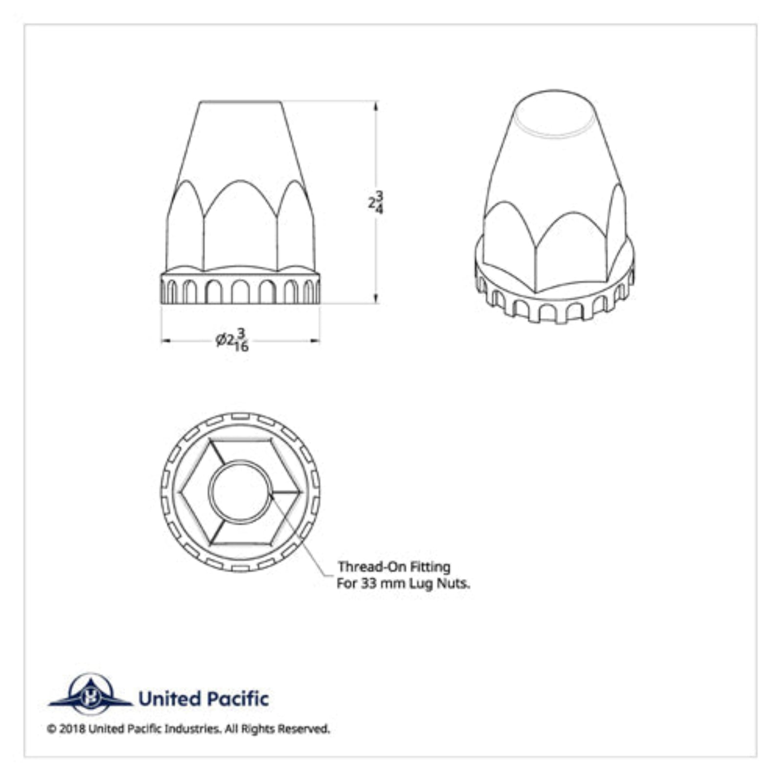 Chrome Thread-On Original Lug Nut Cover 2-3/4 Inch | 33 mm Base | United Pacific