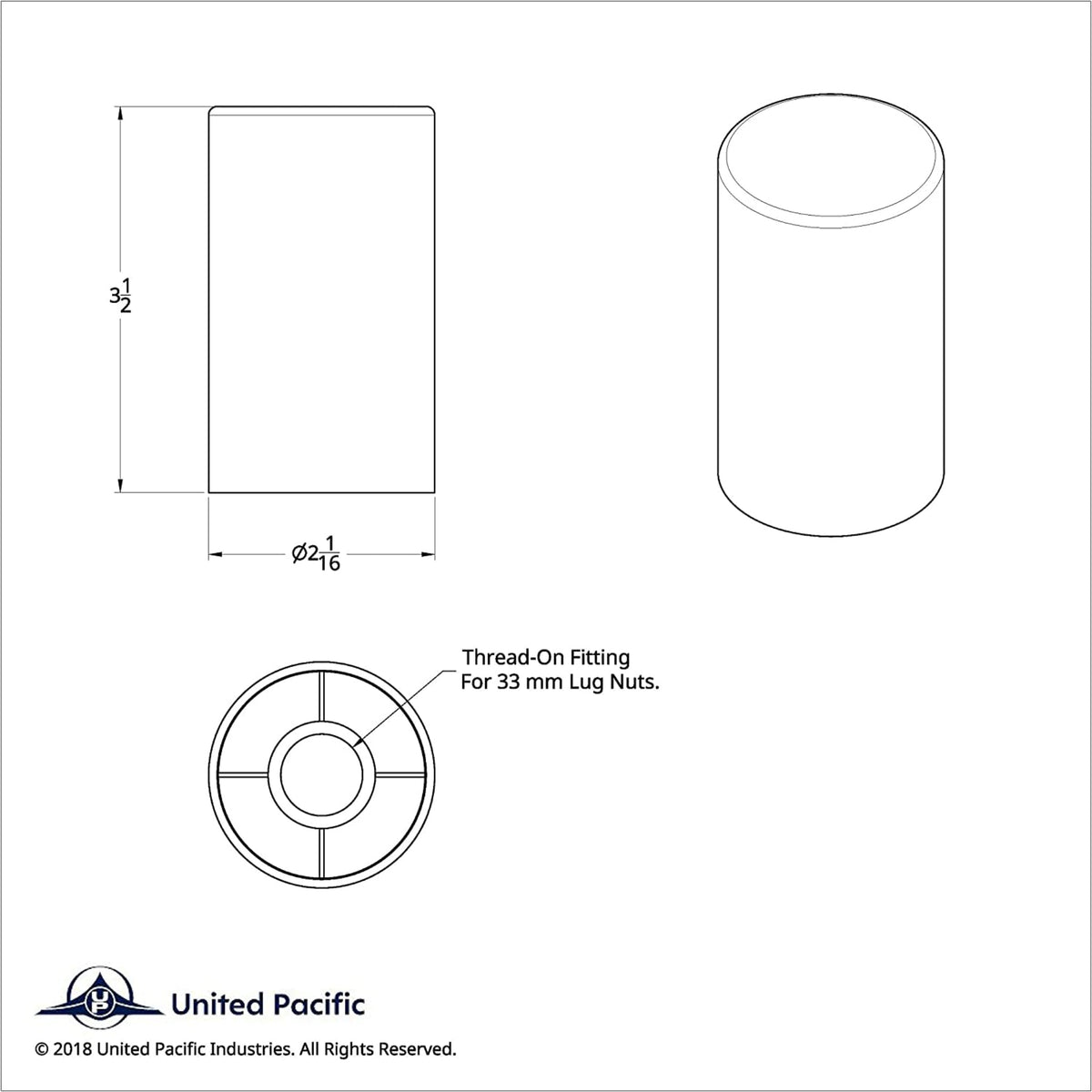 United Pacific - Chrome Plastic Tall Cylinder Thread-On Lug Nut Cover (33 mm Base) - The New Vernon Truck Wash