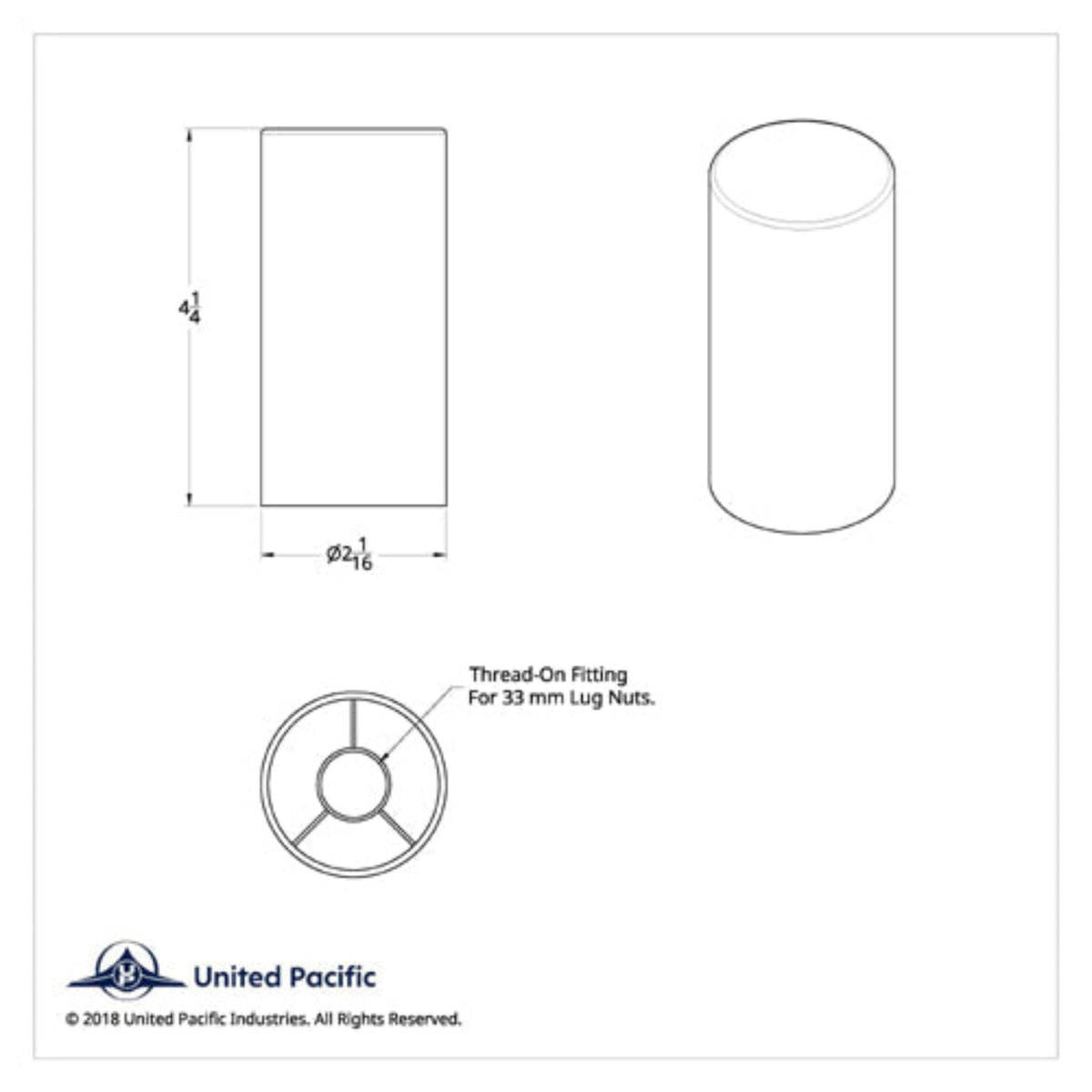 United Pacific - Chrome Plastic Tall Cylinder Thread-On Lug Nut Cover (33 mm Base) - The New Vernon Truck Wash