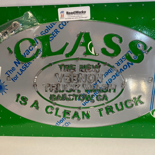 Stainless Steel Mudflap "Class is a Clean Truck" Logo Cutout - The New Vernon Truck Wash