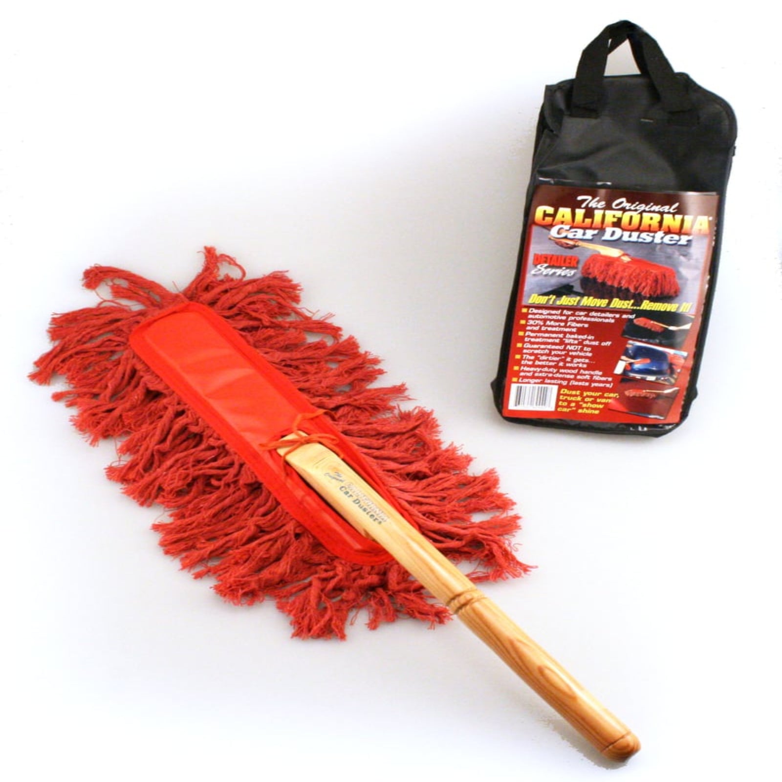 Original California Car Duster with natural wood handle and red cotton mop head on white background – classic car detailing tool

