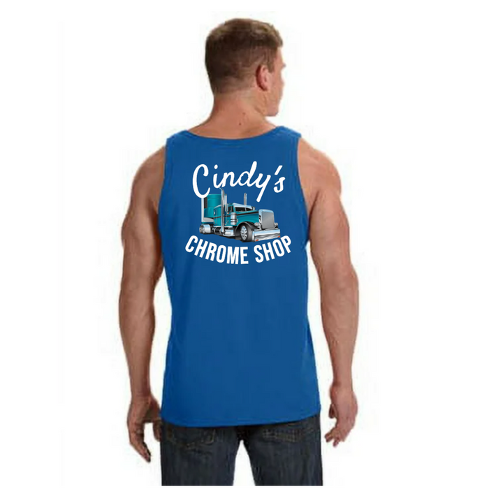 Cindy’s Chrome Shop Men’s Screen Printed Tank Top Blue | The New Vernon Truck Wash