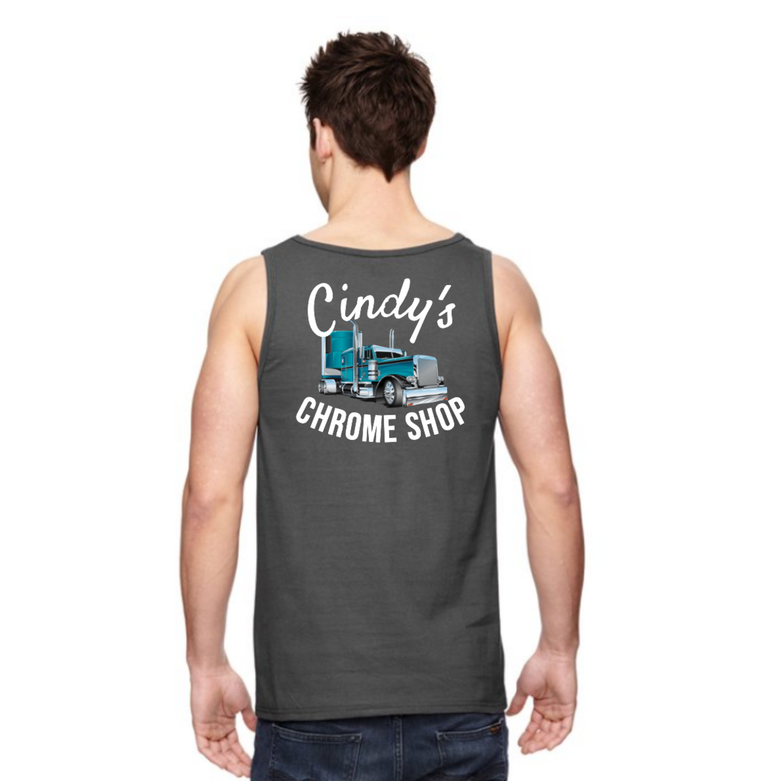 Cindy’s Chrome Shop Men’s Screen Printed Tank Top Dark Grey | The New Vernon Truck Wash