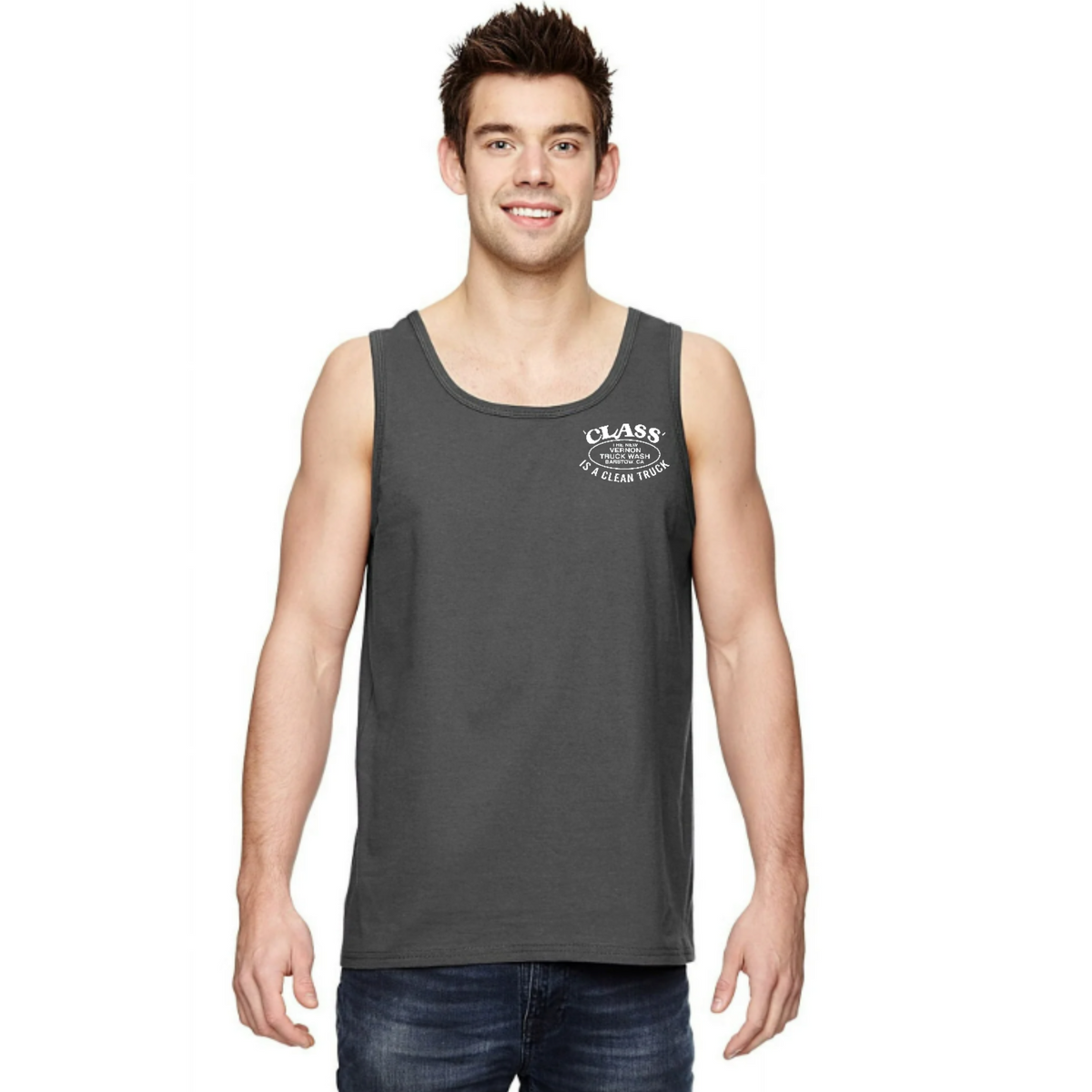 Cindy’s Chrome Shop Men’s Screen Printed Tank Top Dark Grey | The New Vernon Truck Wash
