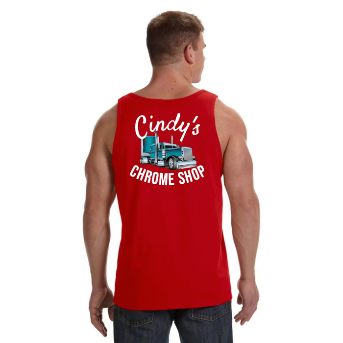 Cindy’s Chrome Shop Men’s Screen Printed Tank Top Red | The New Vernon Truck Wash