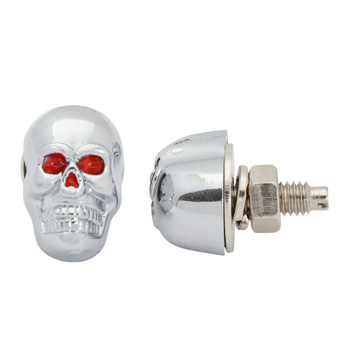Skull Head License Plate Fasteners Chrome Side View with Red Eyes | Grand General
