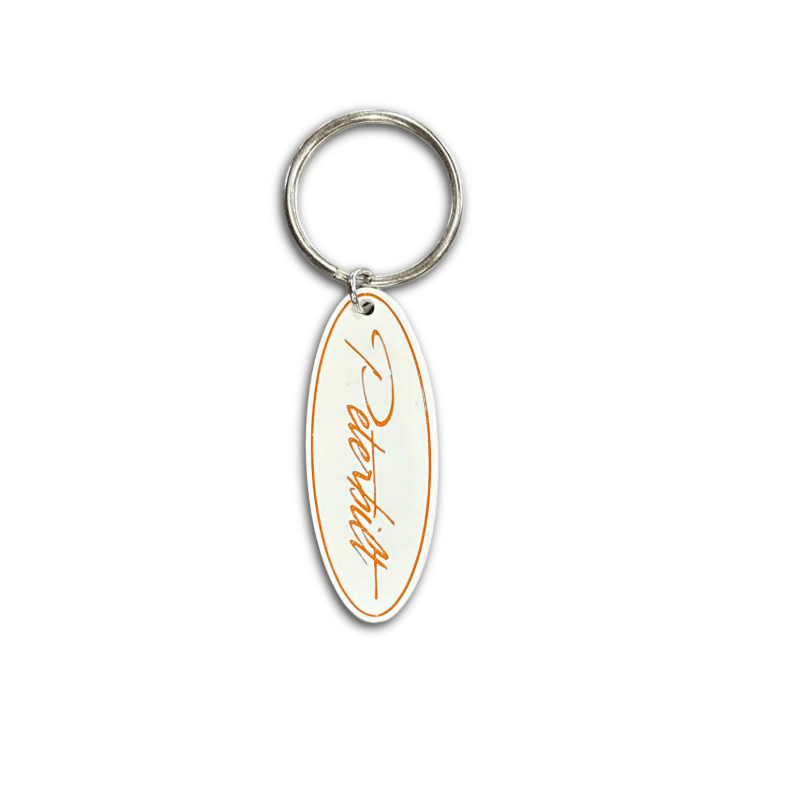 Truck Logo Keychain | Peterbilt Oval White Fancy Script | Orange | GS