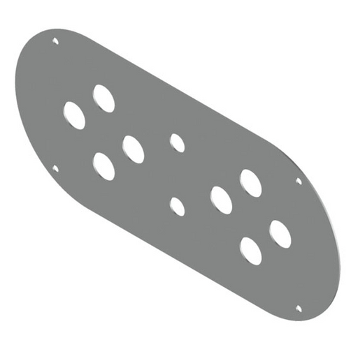 Stainless steel above door light plate by Iowa Customs with 8 button light cutouts and switch holes — shown uninstalled.