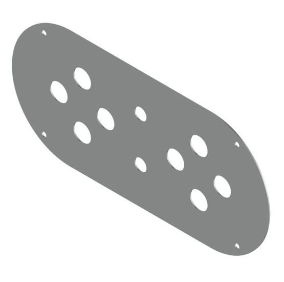 Stainless steel above door light plate by Iowa Customs with 8 button light cutouts and switch holes — shown uninstalled.