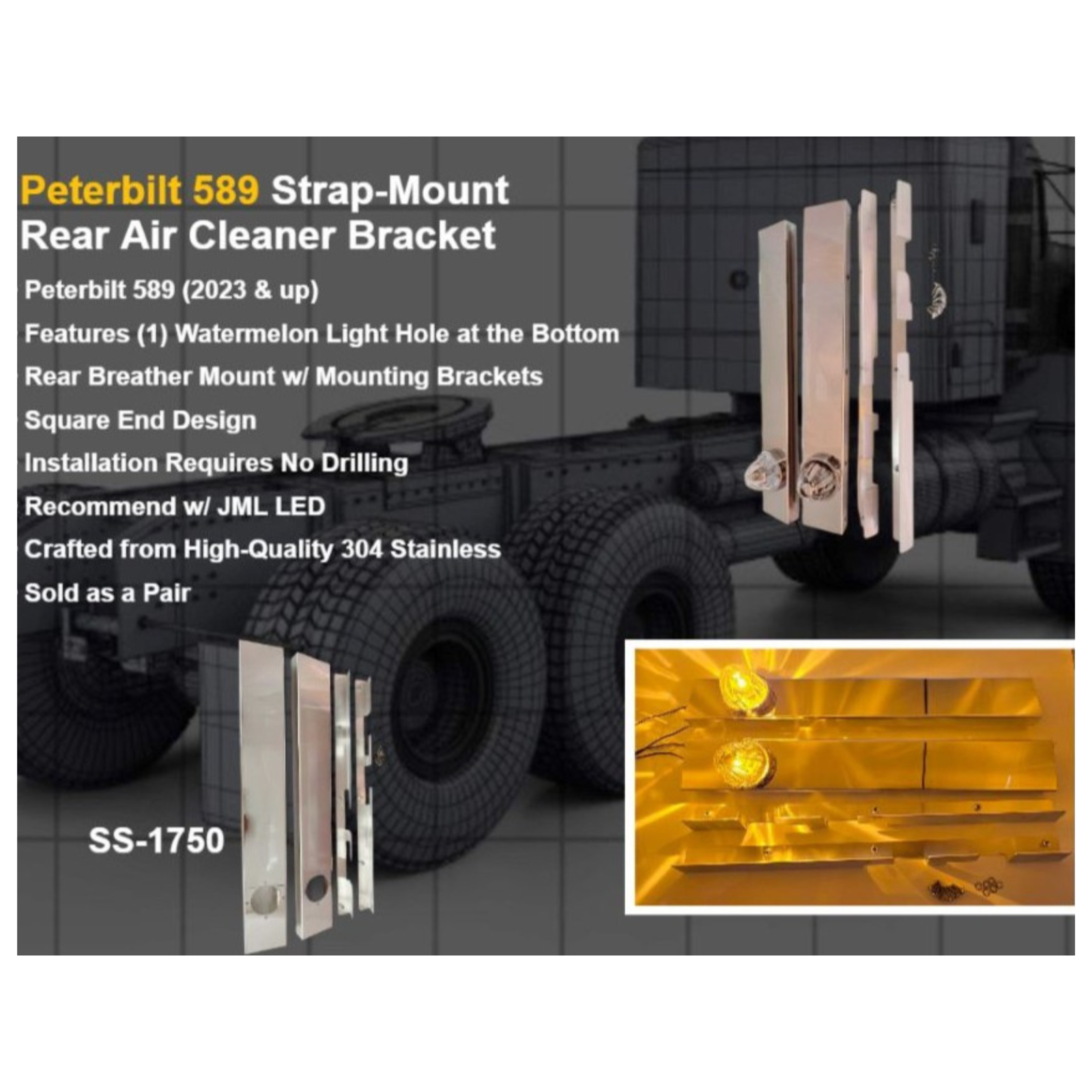 Peterbilt 589 Rear Strap Mount Square Air Cleaner Bracket with Watermelon Cutout | JML Kustoms