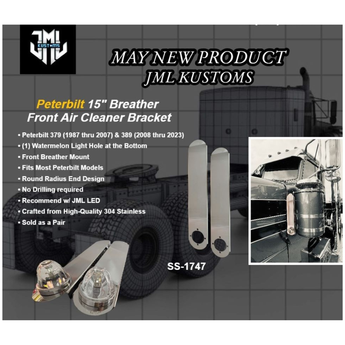 JML Kustoms – Front Peterbilt Air Cleaner Bracket with 1 Watermelon at Bottom - The New Vernon Truck Wash