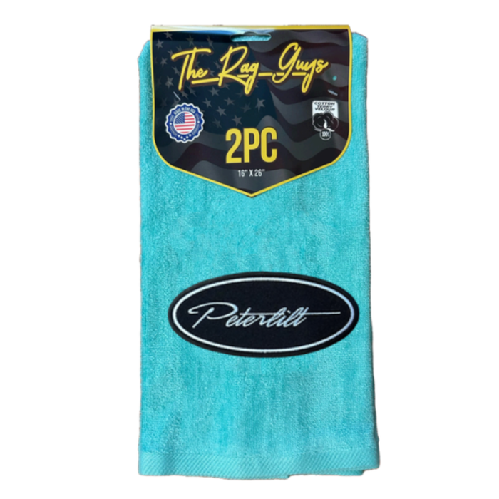 Peterbilt Logo Door Handle Rag with Fancy Script | Aqua | Black Oval Logo | 2-Pack