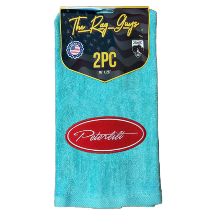 Peterbilt Logo Door Handle Rag with Fancy Script | Aqua | Red Oval Logo | 2-Pack