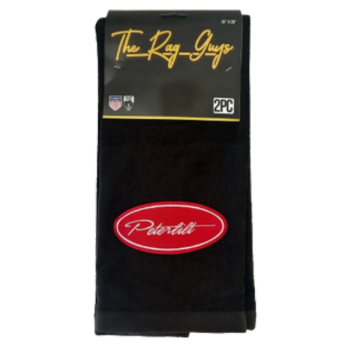 Peterbilt Logo Door Handle Rag with Fancy Script | Black | Red Oval Logo | 2-Pack