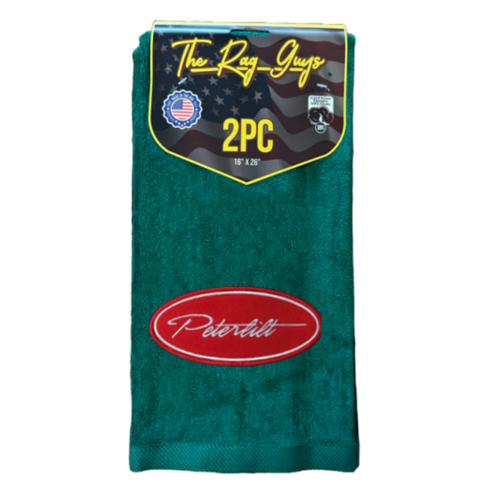 Peterbilt Logo Door Handle Rag with Fancy Script | Dark Green | Red Oval Logo | 2-Pack