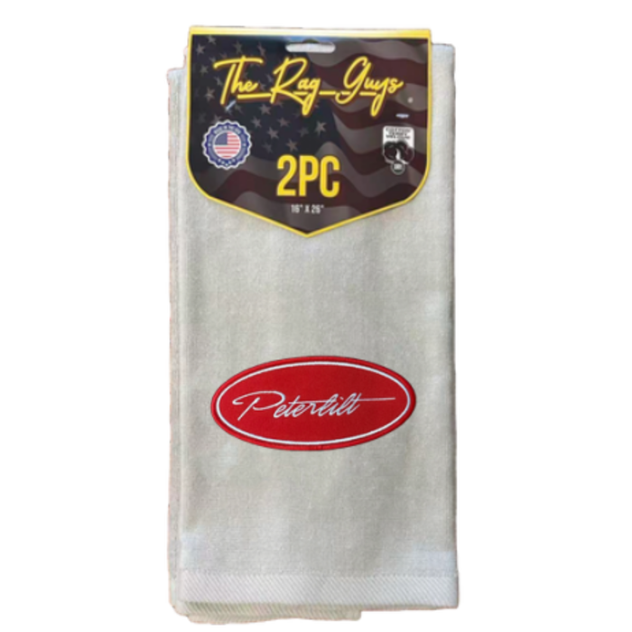 Peterbilt Logo Door Handle Rag with Fancy Script | Gray | Red Oval Logo | 2-Pack