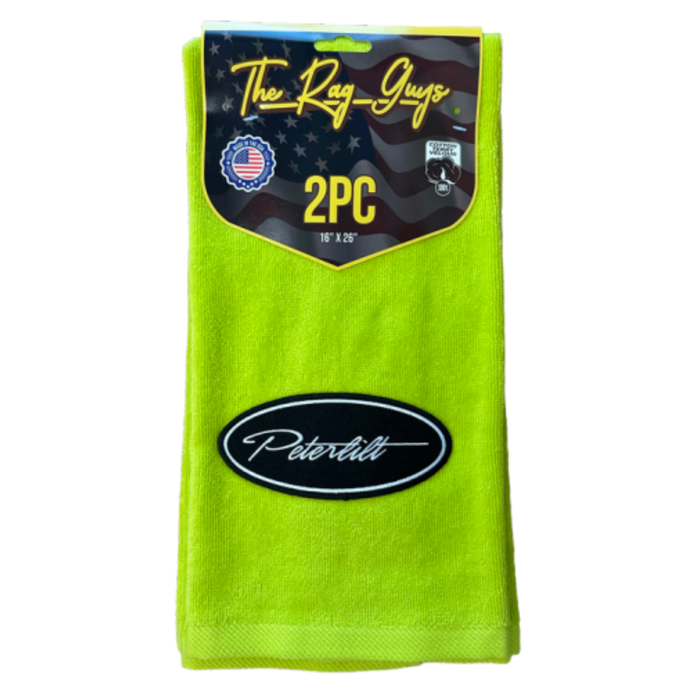 Peterbilt Logo Door Handle Rag with Fancy Script | Lime Green | Black Oval Logo | 2-Pack