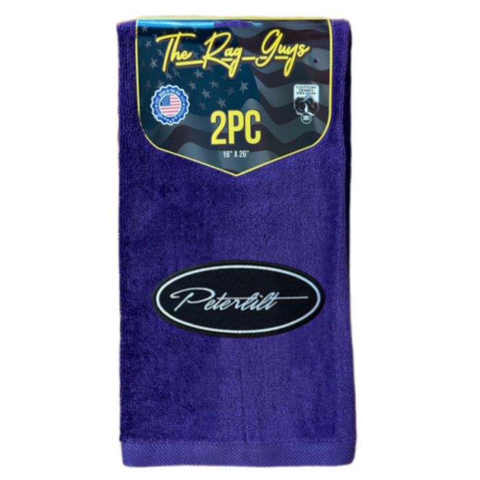Peterbilt Logo Door Handle Rag with Fancy Script | Purple | Black Oval Logo | 2-Pack