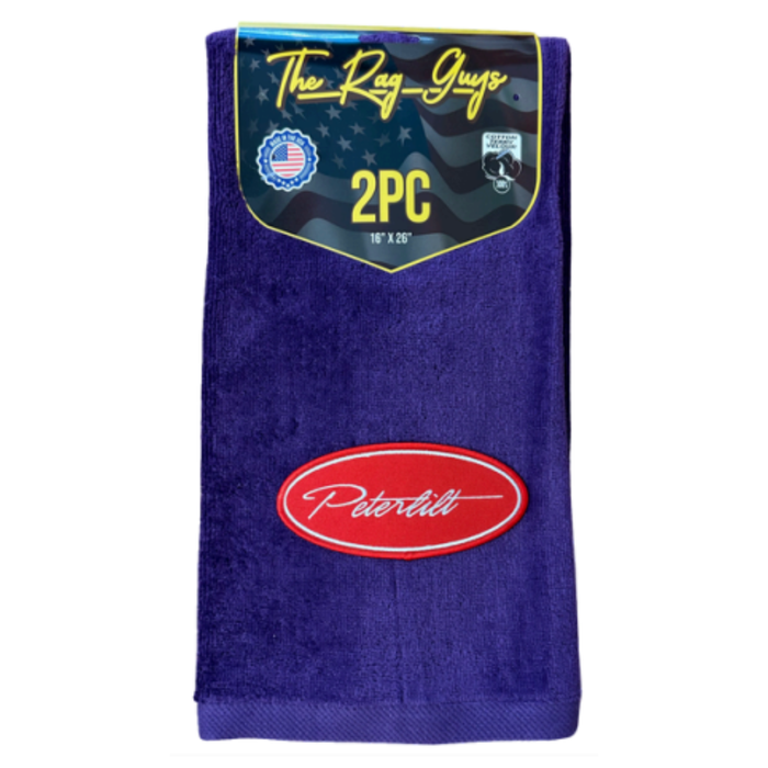Peterbilt Logo Door Handle Rag with Fancy Script | Purple | Red Oval Logo | 2-Pack