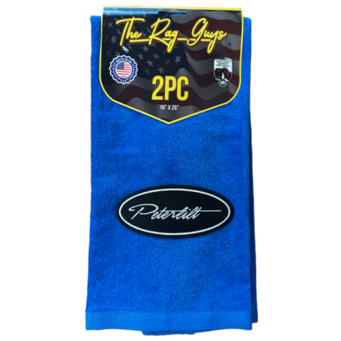 Peterbilt Logo Door Handle Rag with Fancy Script | Royal Blue | Black Oval Logo | 2-Pack