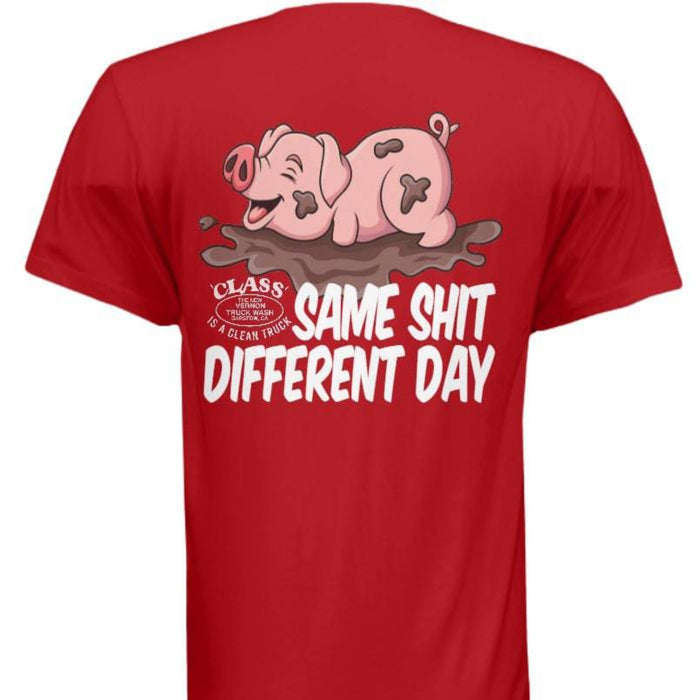 Playful Pig Logo Short Sleeve T Shirt Same Sh!t Different Day | Red | The New Vernon Truck Wash
