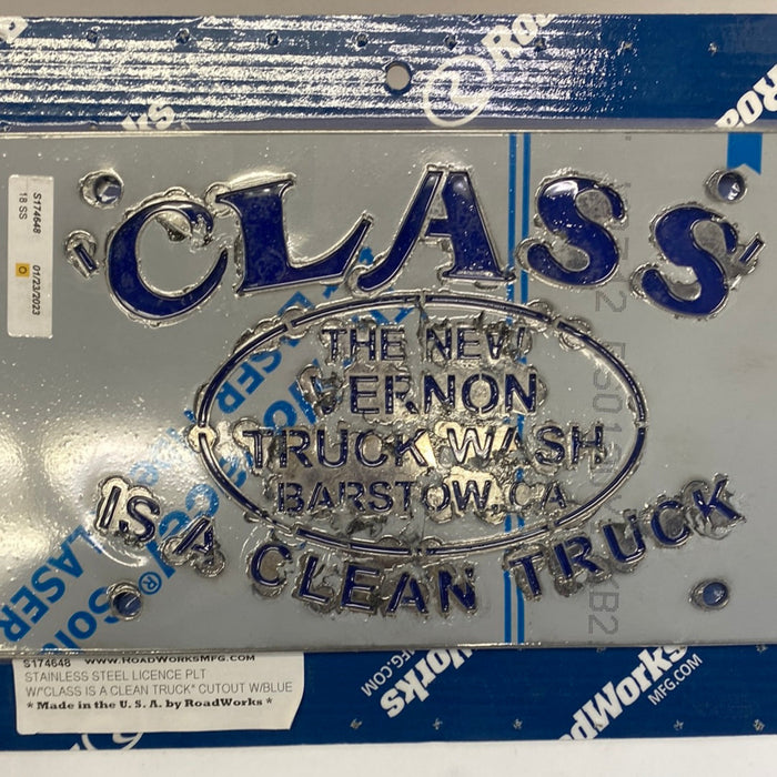 New Vernon Truck Wash Logo License Plate Blue Background Stainless Steel | RoadWorks