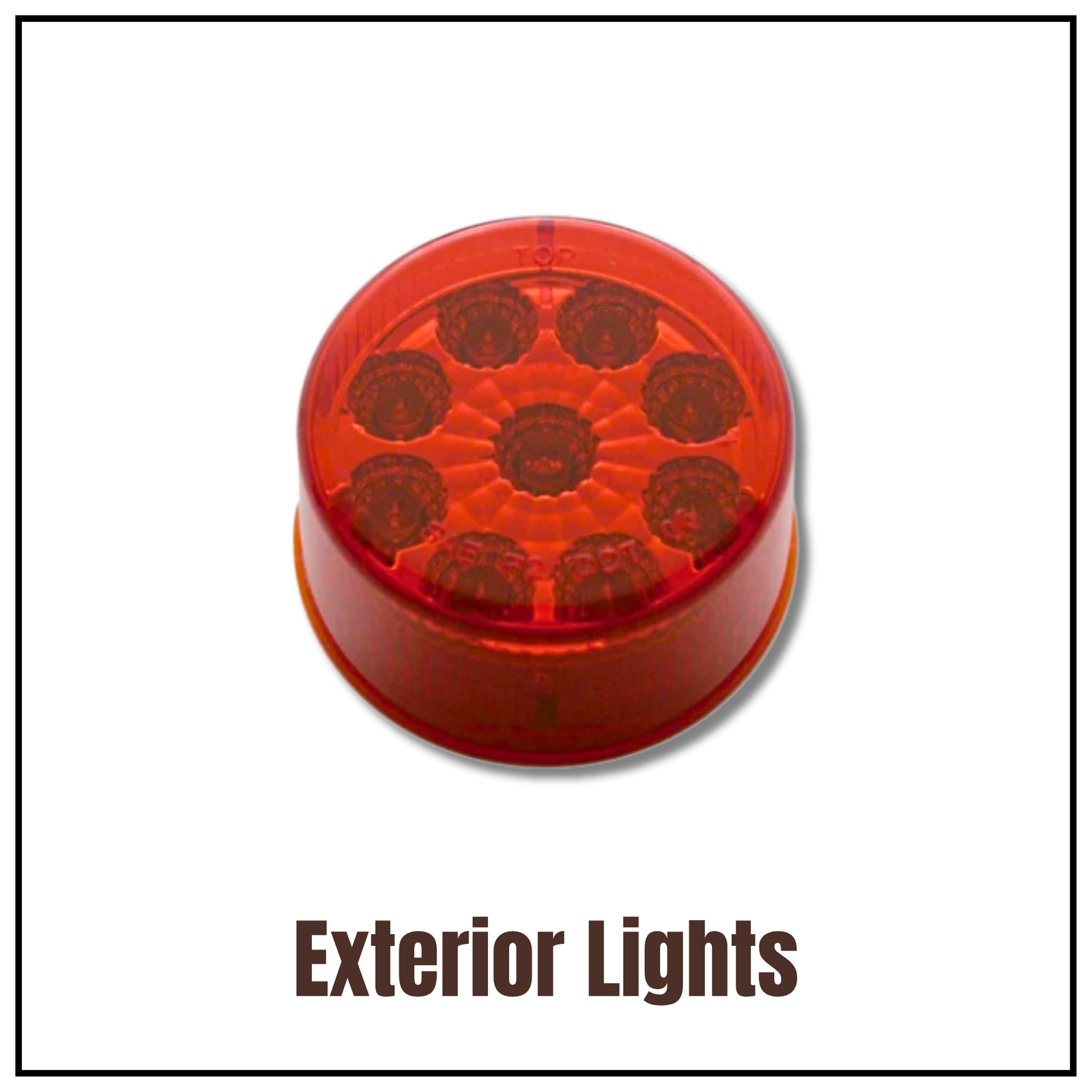 Exterior lights for semi trucks including marker lights, headlights, tail lights, work lights, cab lights, and turn signals.