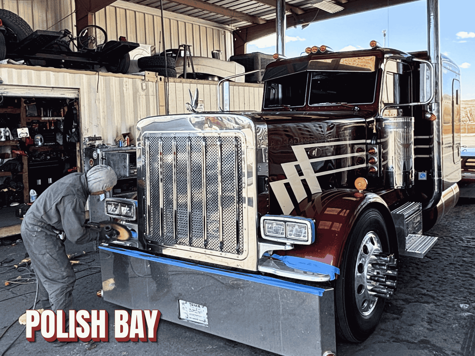 Professional semi truck polishing service at The New Vernon Truck Wash Polish Bay in Barstow, California.