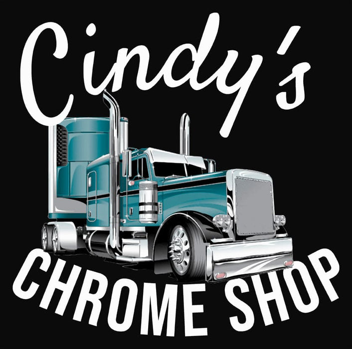 "Cindy's Chrome Shop" Logo Short Sleeve T-Shirt - Logo Close Up