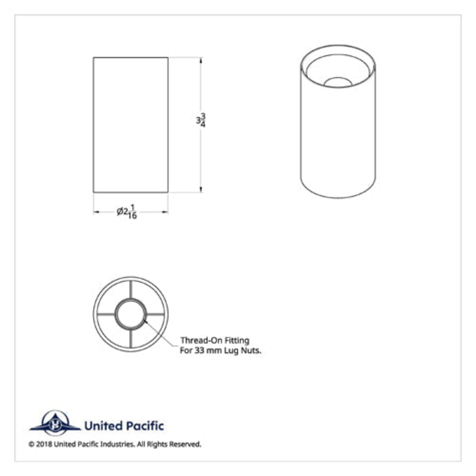 3-3/4 Inch Chrome Concave Top Thread-On Lug Nut Cover | 33 mm Base | United Pacific