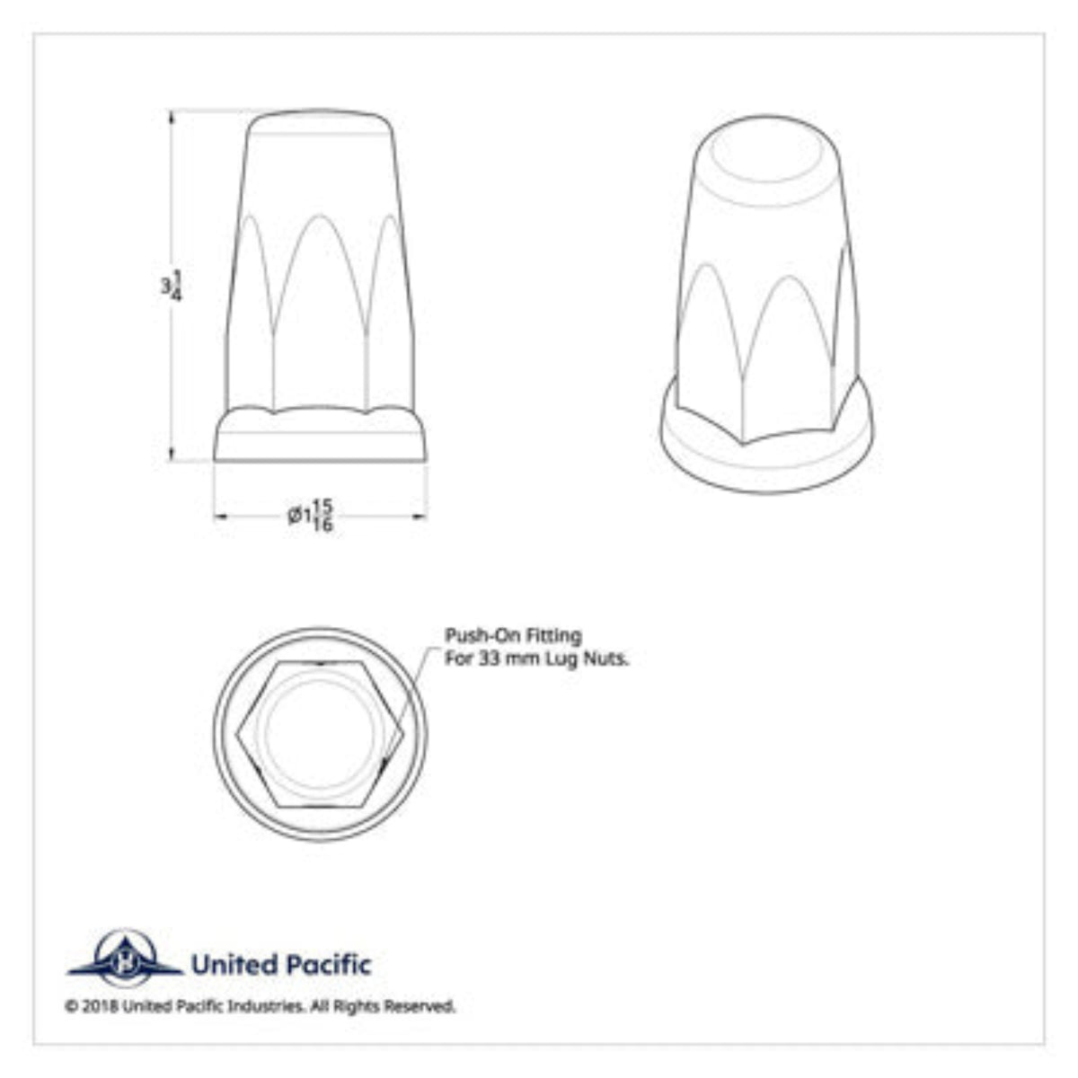 3-1/4 Inch Chrome Extra Tall Push-On Lug Nut Cover | 33 mm Base | United Pacific