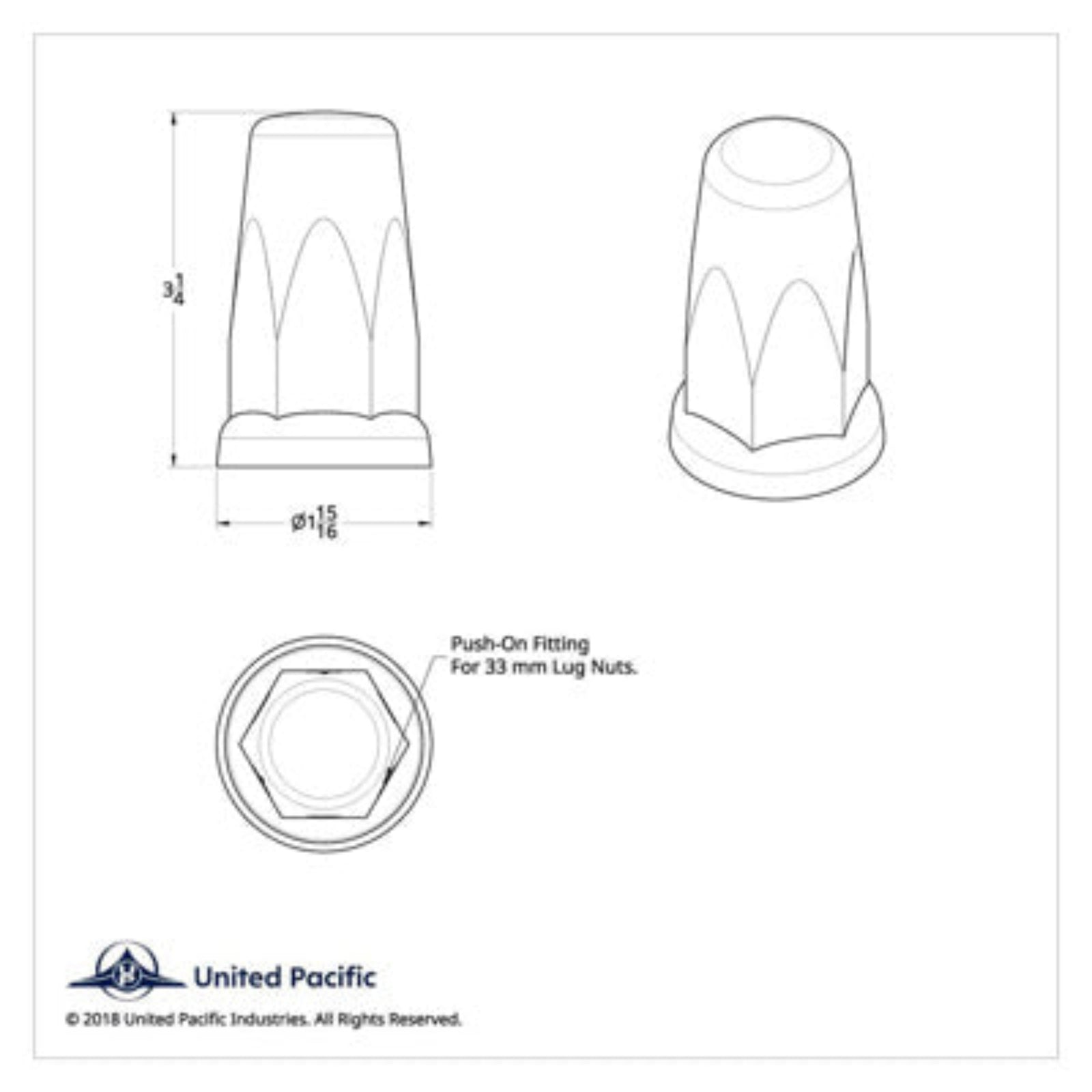 3-1/4 Inch Chrome Extra Tall Push-On Lug Nut Cover | 33 mm Base | United Pacific