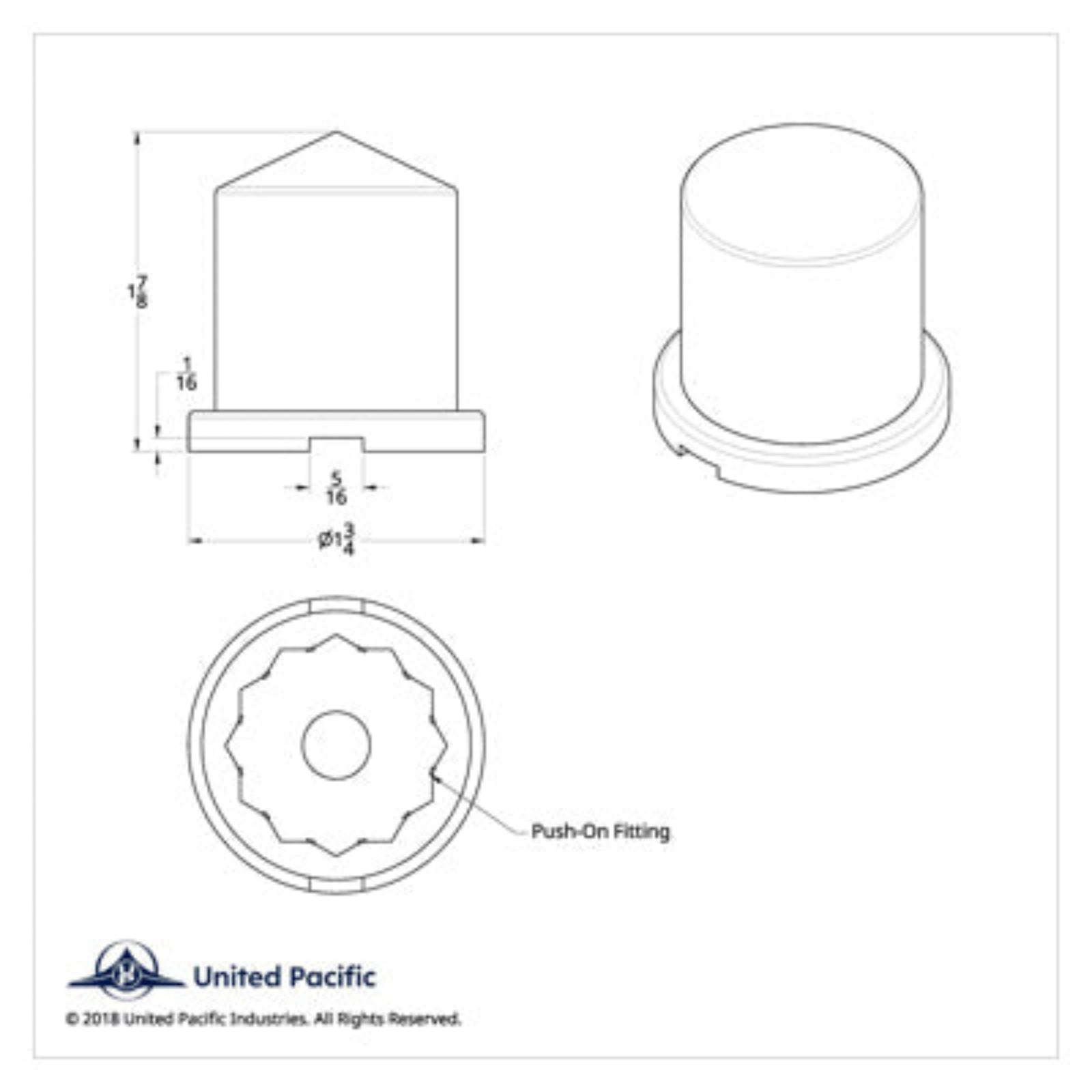 1-1/8" x 1-7/8" Chrome Pointed Nut Cover | Push-On | United Pacific