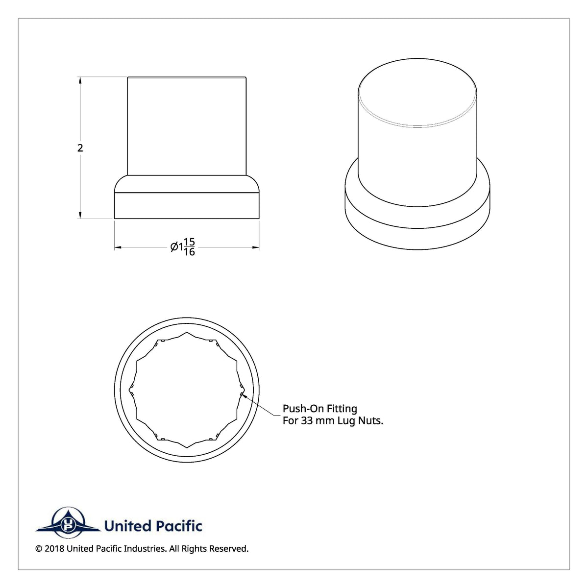 2-1/4 Inch Chrome Push-On Lug Nut Cover Flat Top | 33 mm Base | United Pacific