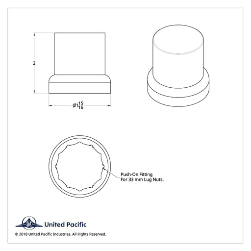 2-1/4 Inch Chrome Push-On Lug Nut Cover Flat Top | 33 mm Base | United Pacific