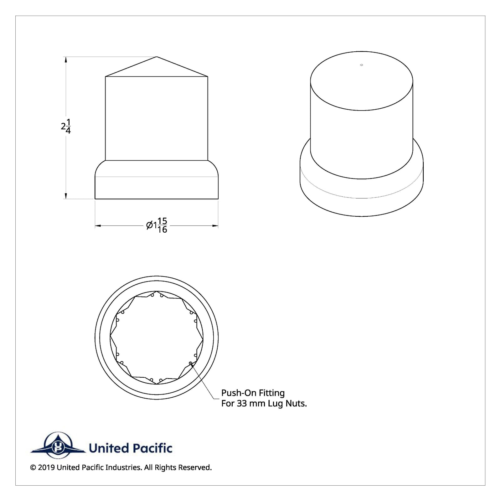 2-1/4 Inch Chrome Push-On Lug Nut Cover Pointed | 33 mm Base | United Pacific