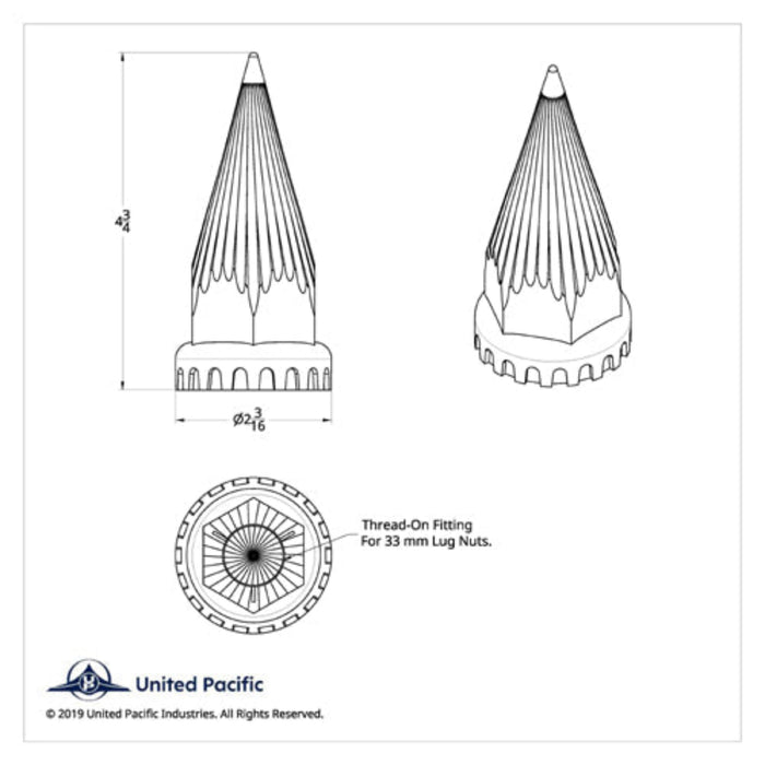 4 3/4 Inch Chrome Razor Thread-On Lug Nut Cover | 33 mm Base | United Pacific
