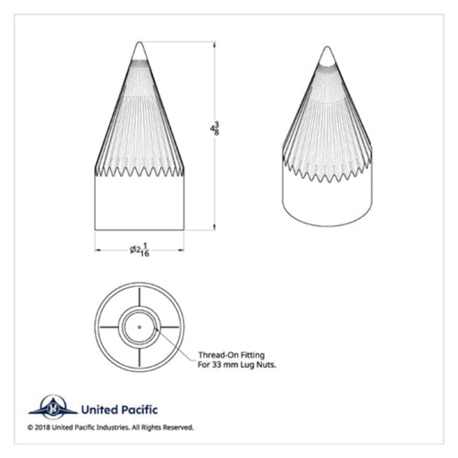 4-3/8 Inch Chrome Slot Spike Thread-On Lug Nut Cover | 33 mm Base | United Pacific