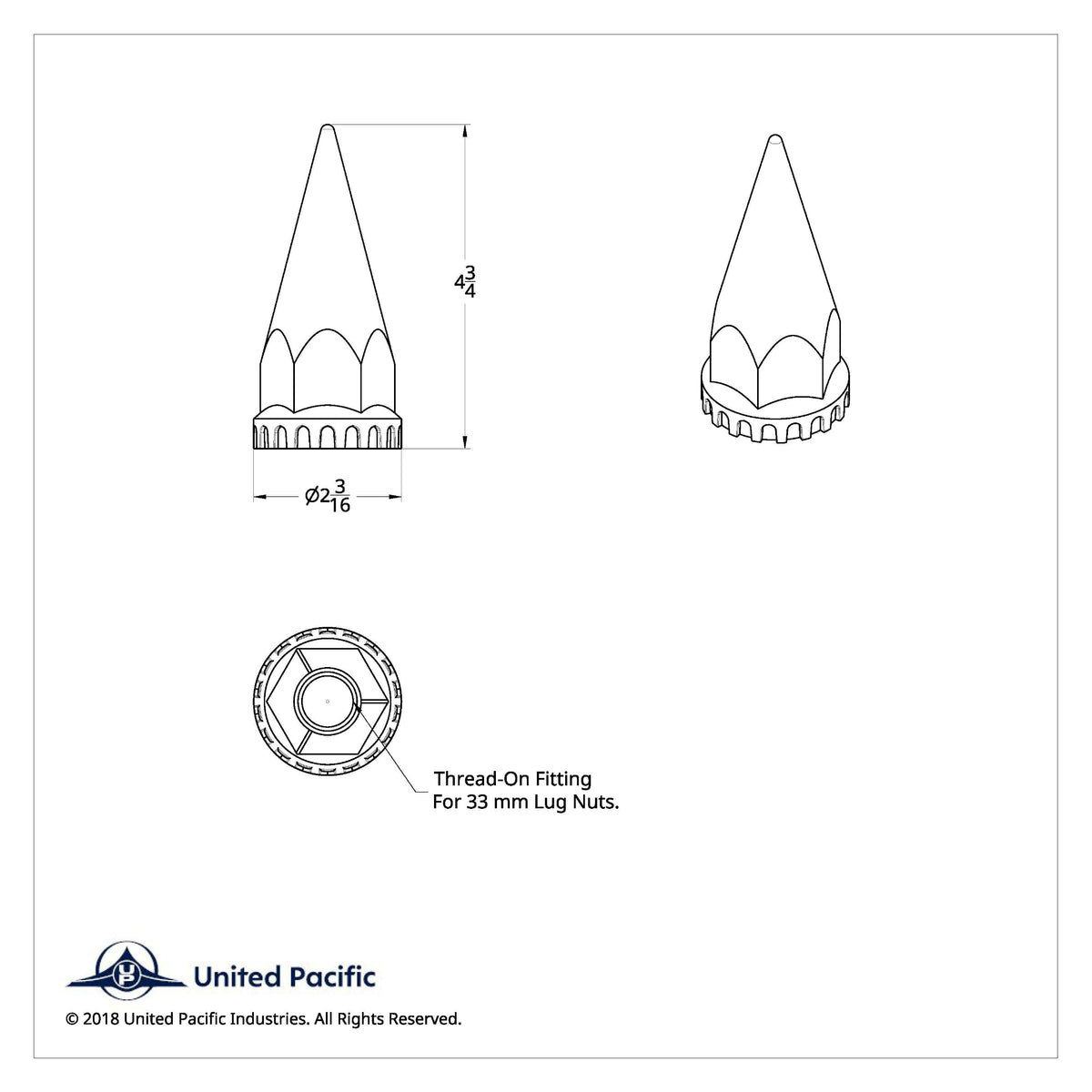 4-3/4 Inch Chrome Thread-On Spike Lug Nut Cover | 33 mm Base | United Pacific