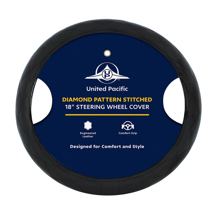 18 Inch Crystal Stitched Leather Steering Wheel Cover | Black Stitching | United Pacific