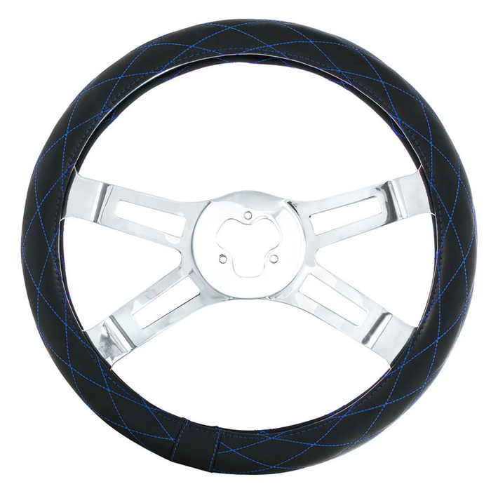 18 Inch Crystal Stitched Leather Steering Wheel Cover | Blue Stitching | United Pacific